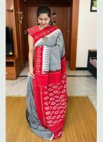 Grey Red Plain Linen Wedding Wear Digital Printed Saree