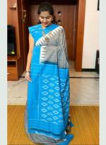 Sky Blue Plain Linen Wedding Wear Digital Printed Saree