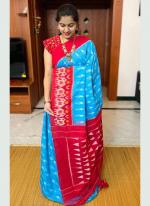 Sky Red Plain Linen Wedding Wear Digital Printed Saree