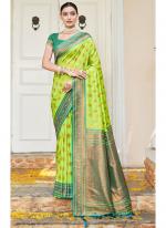 Neon green Banarasi Silk Wedding Wear Embroidery Work Saree
