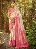 Cream Pink Kanjivaram Silk Festival Wear Digital Printed Saree