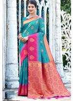 Sky Blue Banarasi Silk Party Wear Digital Printed Saree