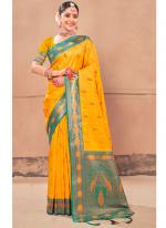 yellow Banarasi Silk Wedding Wear Digital Printed Saree