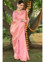 Baby Pink Cotton Festival Wear Lace Work Saree