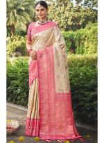 Cream Banarasi Silk Party Wear Digital Printed Saree