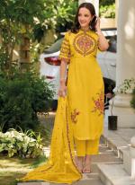 yellow Roman Silk Party Wear Embroidery Work Readymade Straight Suit