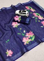 Blue Linen Party Wear Digital Printed Saree