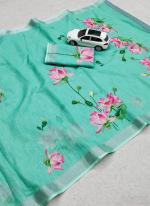 Teal Green Linen Party Wear Digital Printed Saree