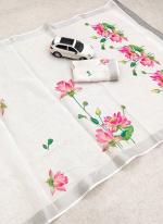 White Linen Party Wear Digital Printed Saree