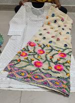 Cream White Cotton Camric Casual Wear Sequins Work Readymade Phulkari Kurti And Sharara Suit