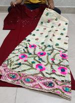 Maroon Cotton Camric Casual Wear Sequins Work Readymade Phulkari Kurti And Sharara Suit