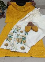 Yellow Cotton Festival Wear Sequins Work Readymade Phulkari Kurti And Sharara Suit