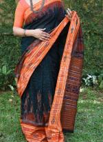 Orange Black Linen Traditional Wear Digital Printed Saree