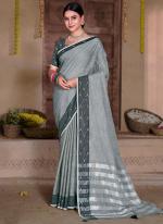 Grey Linen Party Wear Weaving Saree