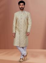 White Soft Jacquard Traditional Wear Weaving Sherwani