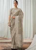 Grey Linen Festival Wear Lucknowi Work Saree