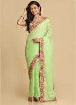 Pista green Chiffon Casual Wear Embroidery Work Saree