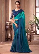 Blue Satin Silk Party Wear Embroidery Work Saree