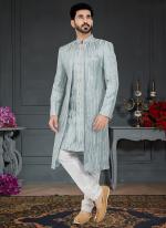 Aqua Grey Imported Jecquard Traditional Wear Weaving Italian Indo Western