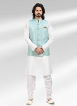 Blue Banarasi Silk Traditional Wear Jacquard Kurta Pajama With Jacket