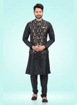 Black Banarasi Silk Traditional Wear Jacquard Kurta Pajama With Jacket