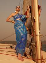 Blue Nylon Satin Festival Wear Weaving Saree