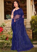 Navy Blue Net Traditional Wear Moti Work Saree