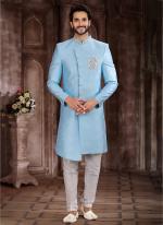 Sky Blue Art Silk Wedding Wear Embroidery Work Sherwani