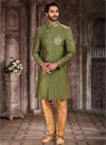 Green Art Silk Wedding Wear Embroidery Work Sherwani