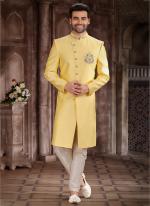 Yellow Art Silk Wedding Wear Embroidery Work Sherwani