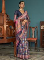 Navy blue Pashmina Wedding Wear Embroidery Work Saree