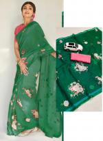 Green Linen Daily Wear Digital Printed Saree