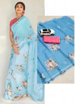 Sky Blue Linen Daily Wear Digital Printed Saree