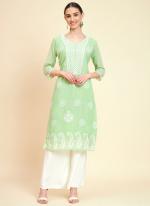 Pista Green Georgette Regular Wear Lucknowi Work Kurti