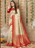 Cream Hot Red Silk Traditional Wear Weaving Saree