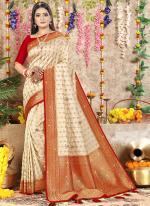 Cream Red Silk Traditional Wear Weaving Saree