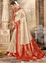 Beige Latest Red Brocade Silk Festival Wear Weaving Saree