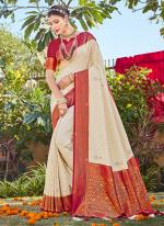 Cream Rani Silk Festival Wear Weaving Saree