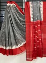 Grey Red Linen Daily Wear Digital Printed Saree