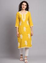 Yellow Rayon Daily Wear Lucknowi Work Kurti