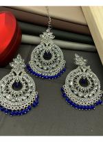 Blue Silver Stone Studded Earrings With Maang Tikka