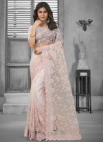 Dusty Peach Net Wedding Wear Embroidery Work Saree