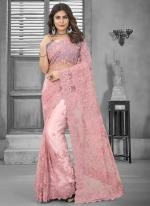 Dusty Pink Net Wedding Wear Embroidery Work Saree