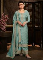 Turquoise Blue Dola Jacquard Traditional Wear Embroidery Work Palazzo Suit