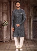 Grey Art Silk Traditional Wear Printed Sherwani