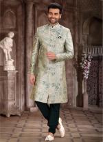 Light Green Art Silk Traditional Wear Printed Sherwani