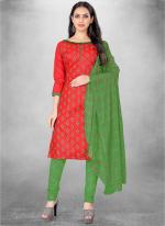 Red Cotton Regular Wear Printed Churidar Suit