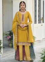 Yellow Chinnon Silk Traditional Wear Embroidery Work Palazzo Suit