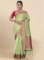 Pista Green Soft Organza Party Wear Weaving Saree