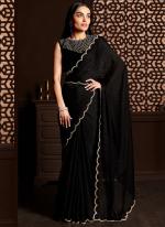 Black Satin Chiffon Silk Party Wear Zarkan Work Saree